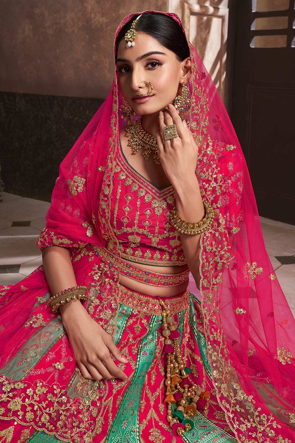 Pink Banarasi Silk Embroidered Lehenga Choli Set