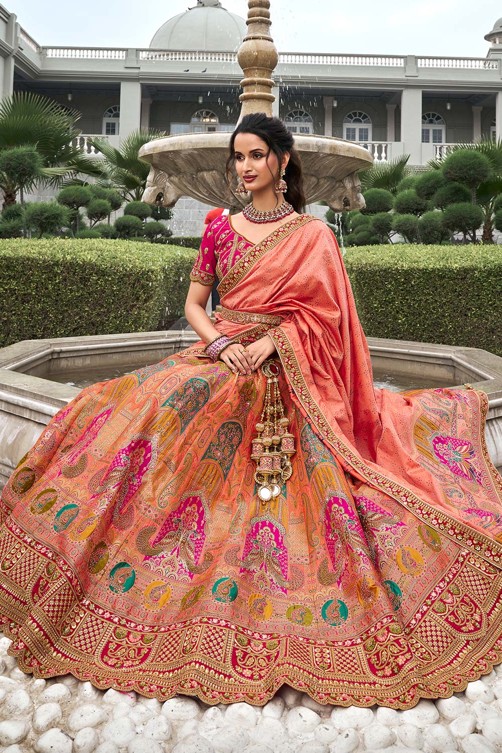 Orange Banarasi Silk Zarkan Codding Work Lehenga Choli