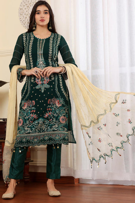 Green Georgette Embroidered Pakistani Suit