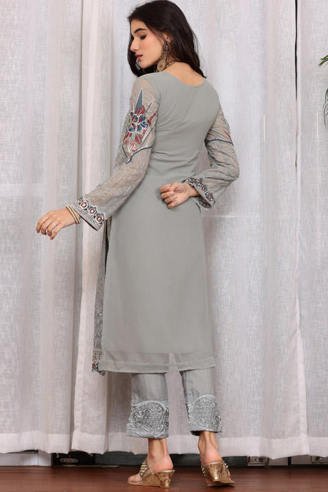 Grey Georgette Embroidered Pakistani Suit