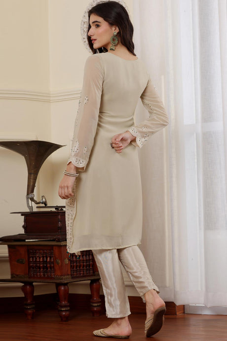 Beige Georgette Embroidered Pakistani Suit