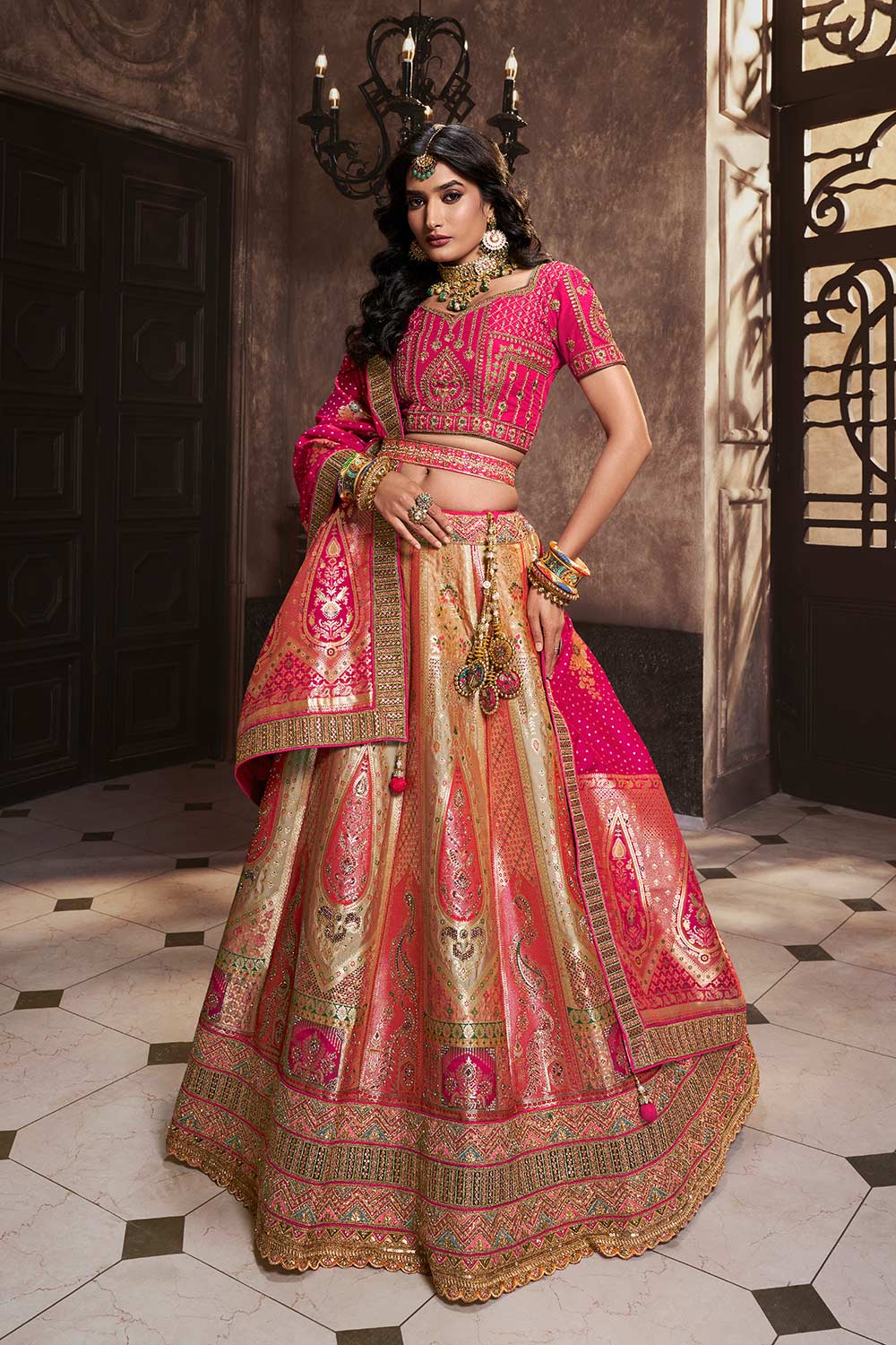 Peach Silk Sequence Zarkan Work Lehenga Choli Set