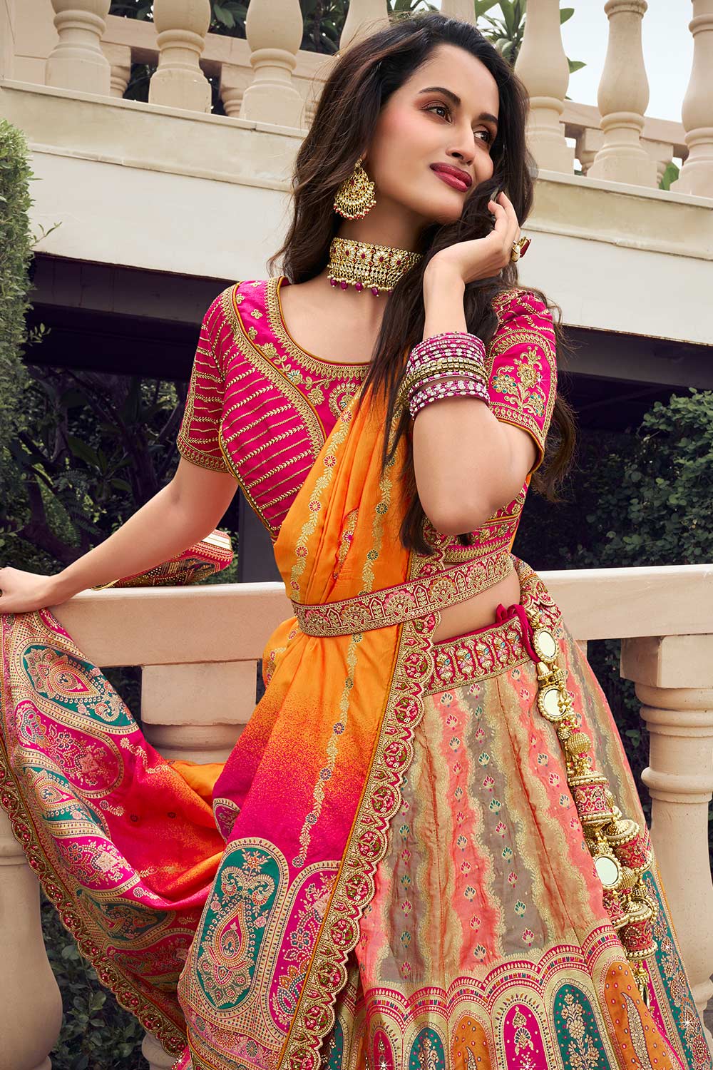 Multicolor Banarasi Silk Zarkan Codding Work Lehenga Choli Set