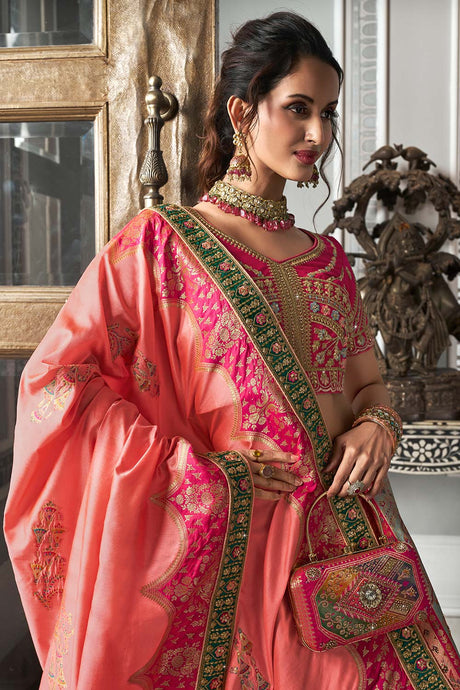 Orange Banarasi Silk Zarkan Codding Work Lehenga Choli