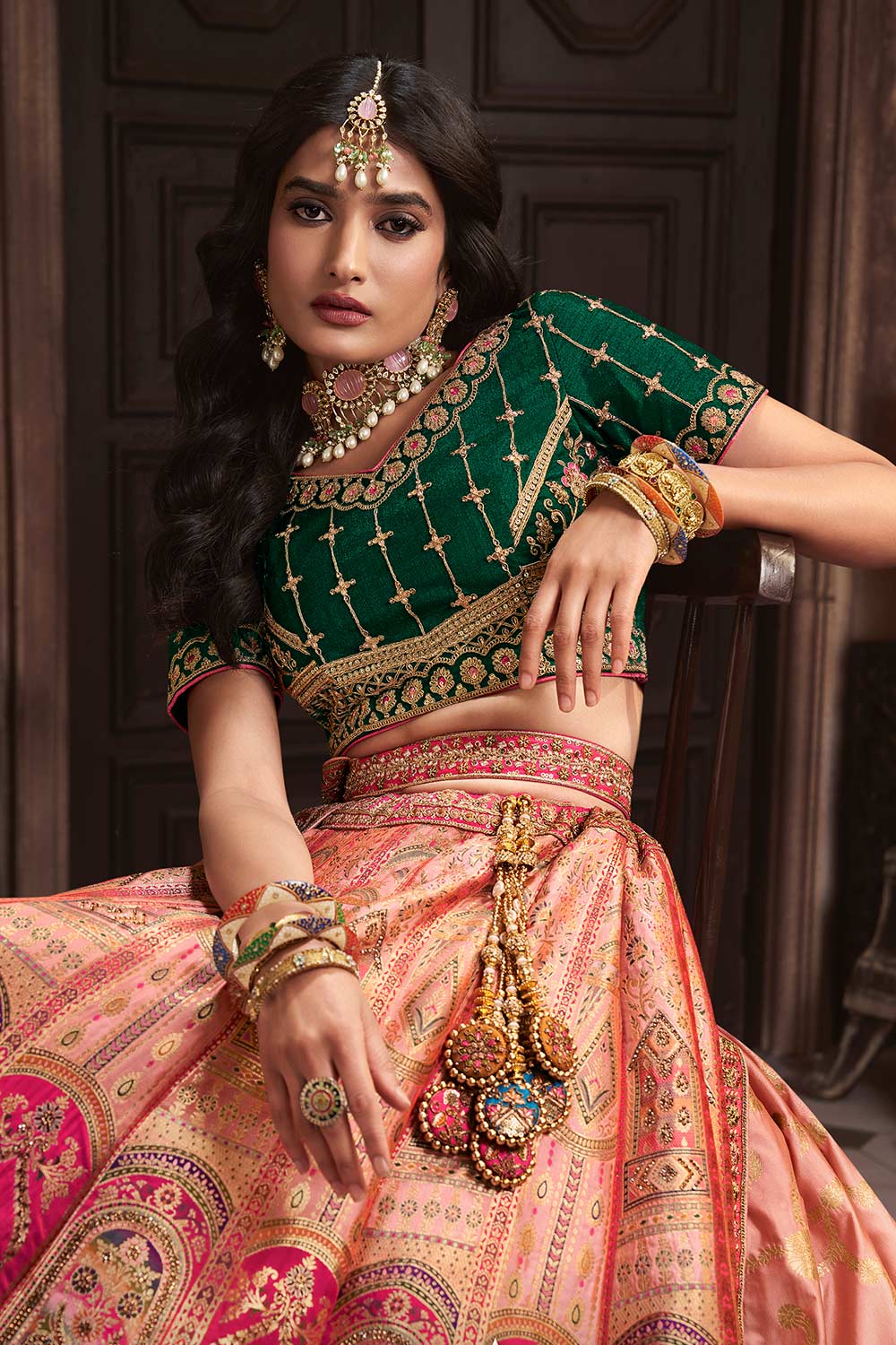 Peach Silk Sequence Zarkan Work Lehenga Choli Set