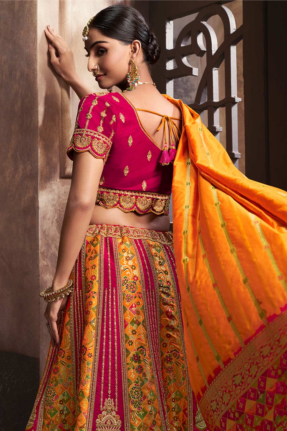 Yellow Banarasi Silk Embroidered Lehenga Choli Set