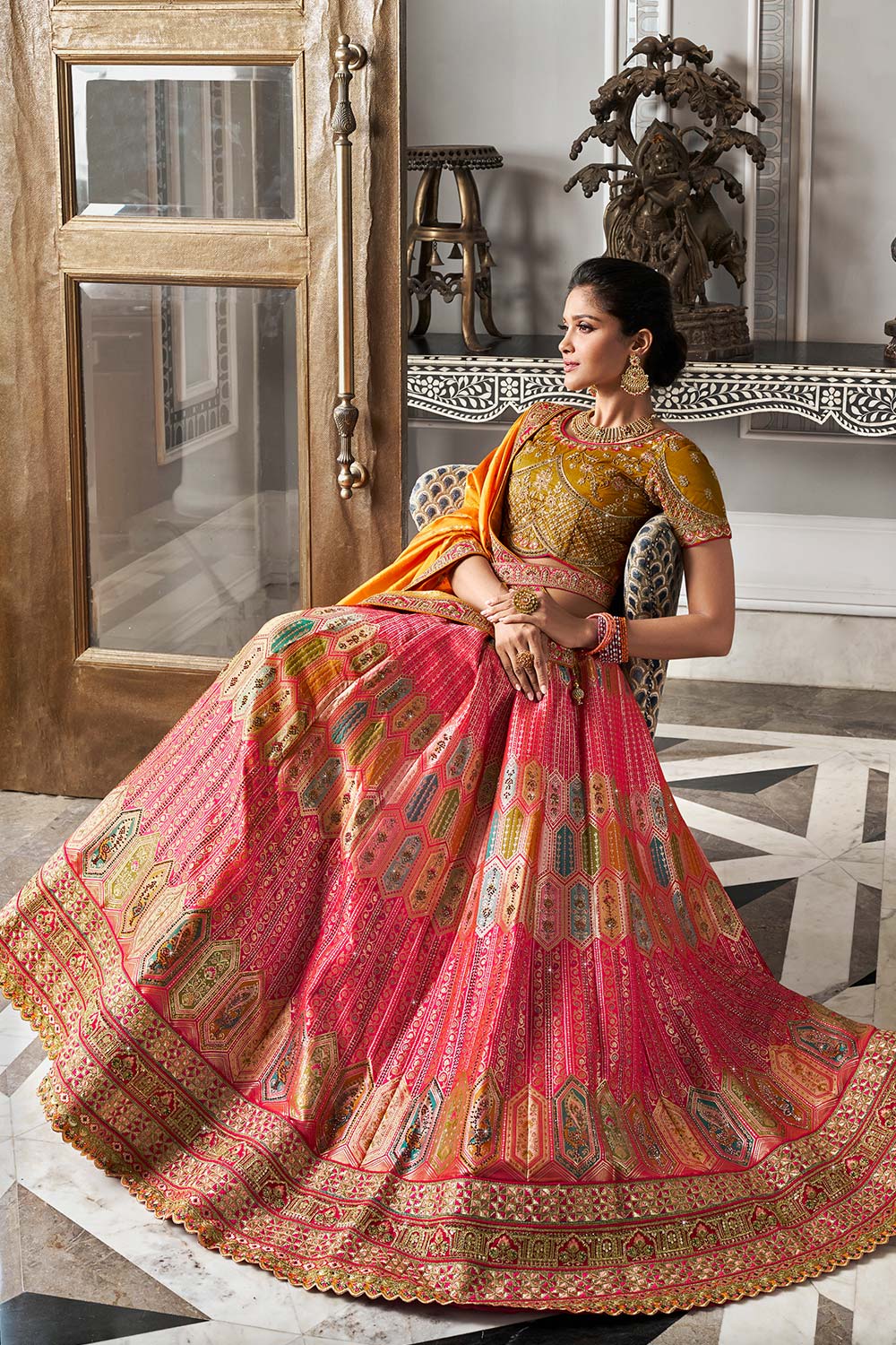 Orange Banarasi Silk Zarkan Codding Work Lehenga Choli