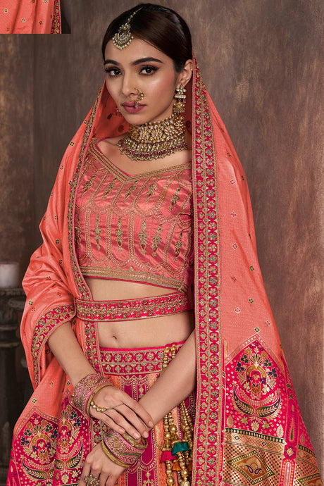 Pink Banarasi Silk Embroidered Lehenga Choli Set