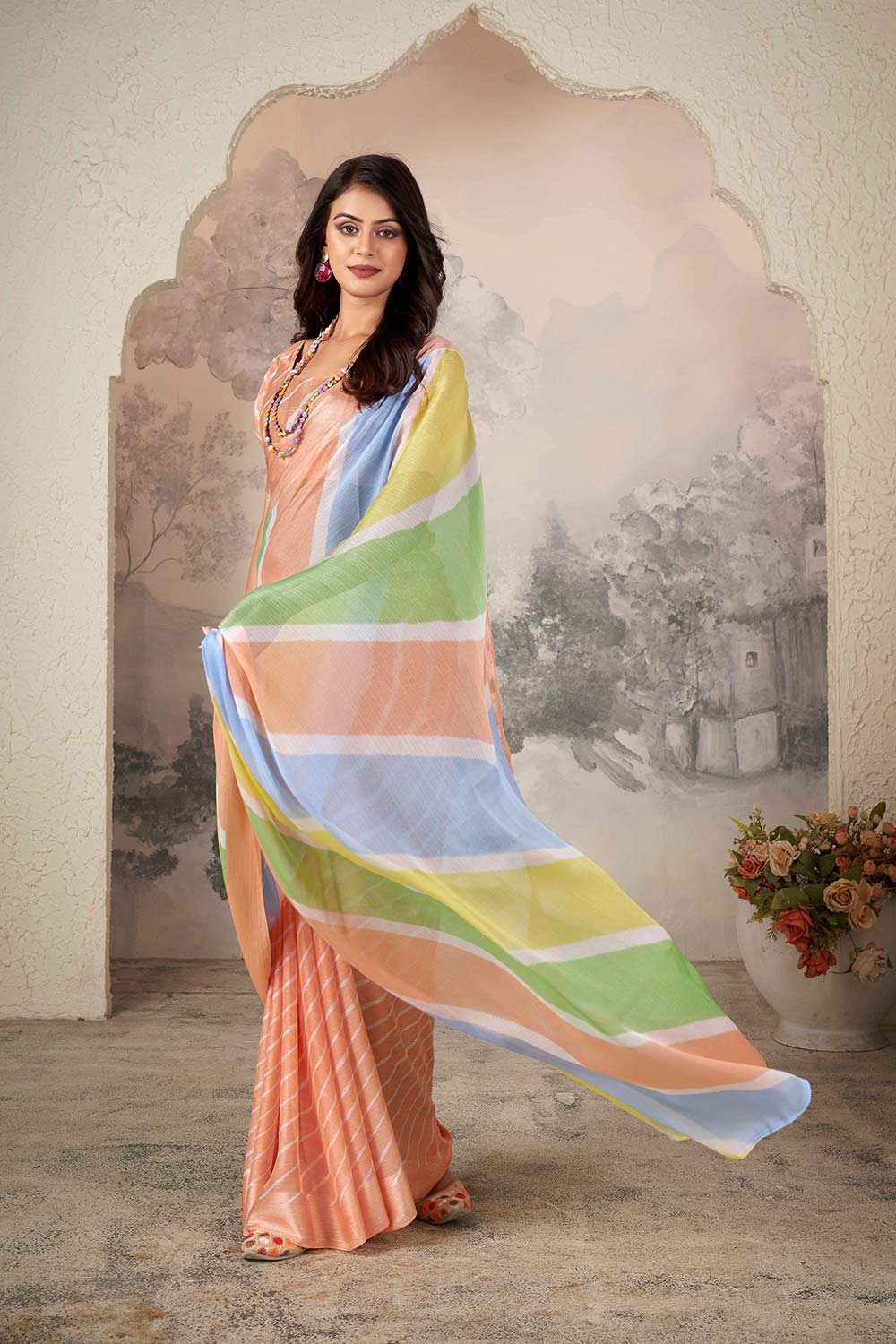 Orange Chiffon Woven Saree