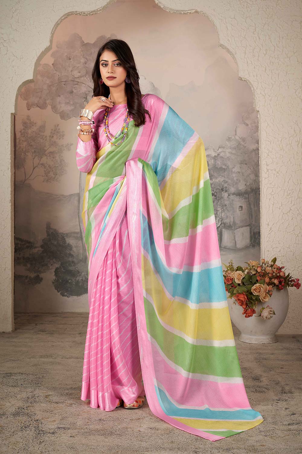 Pink Chiffon Woven Saree