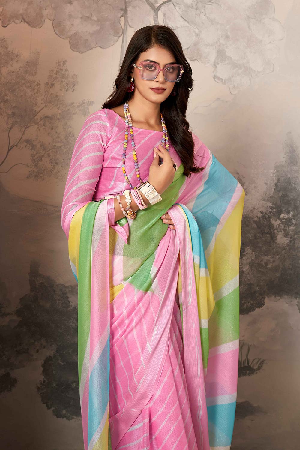 Pink Chiffon Woven Saree