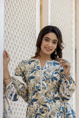 Beige Gometric Print Lace Work Pure Cotton Kurti Set