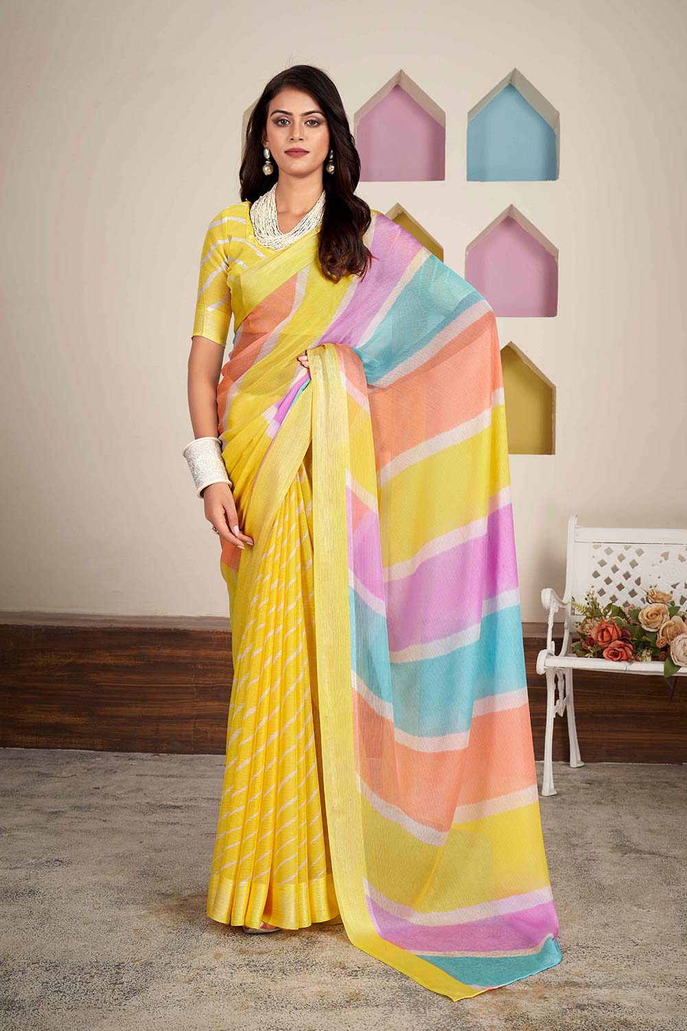 Yellow Chiffon Woven Saree