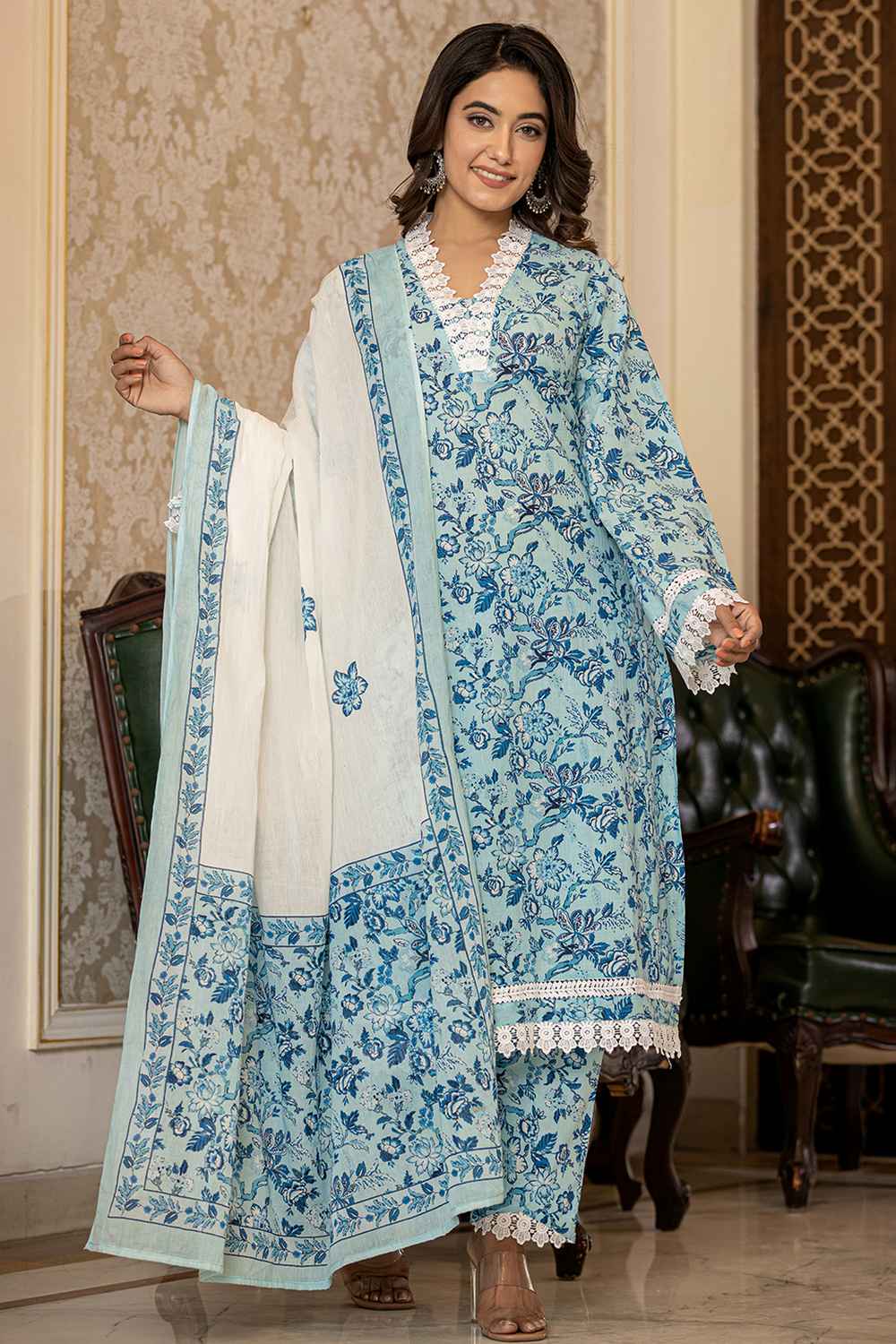 Blue Floral Print Lace Work Pure Cotton Kurta Set