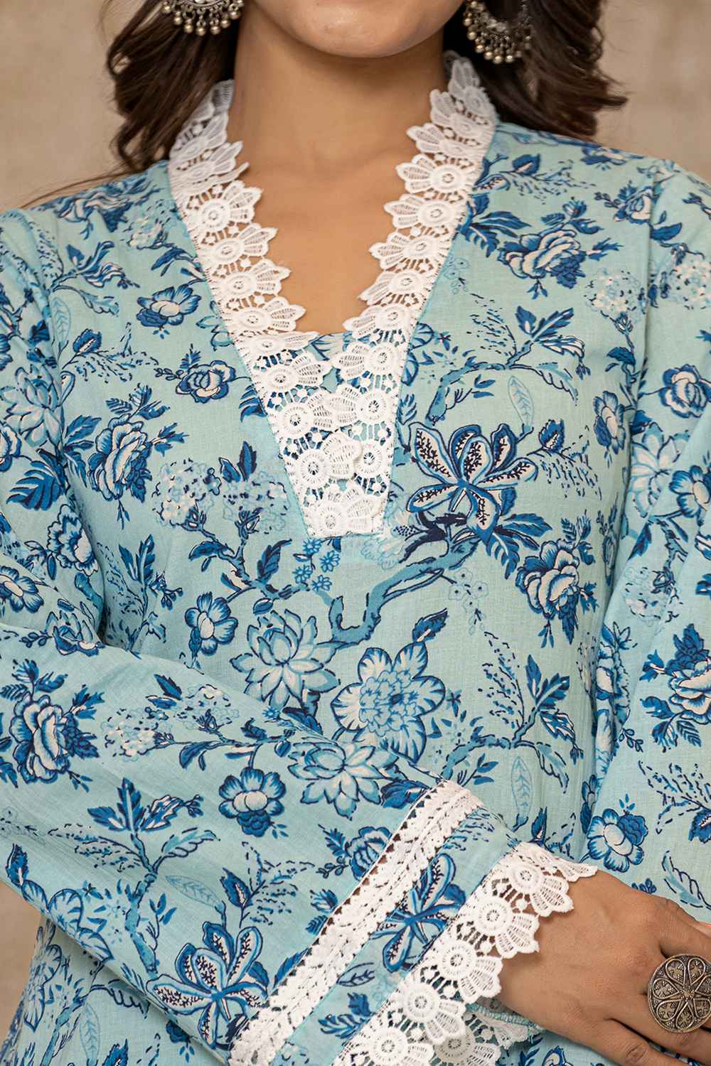 Blue Floral Print Lace Work Pure Cotton Kurta Set