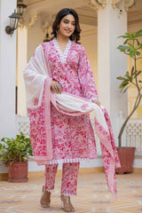 Pink Floral Print Lace Work Pure Cotton Kurta Set