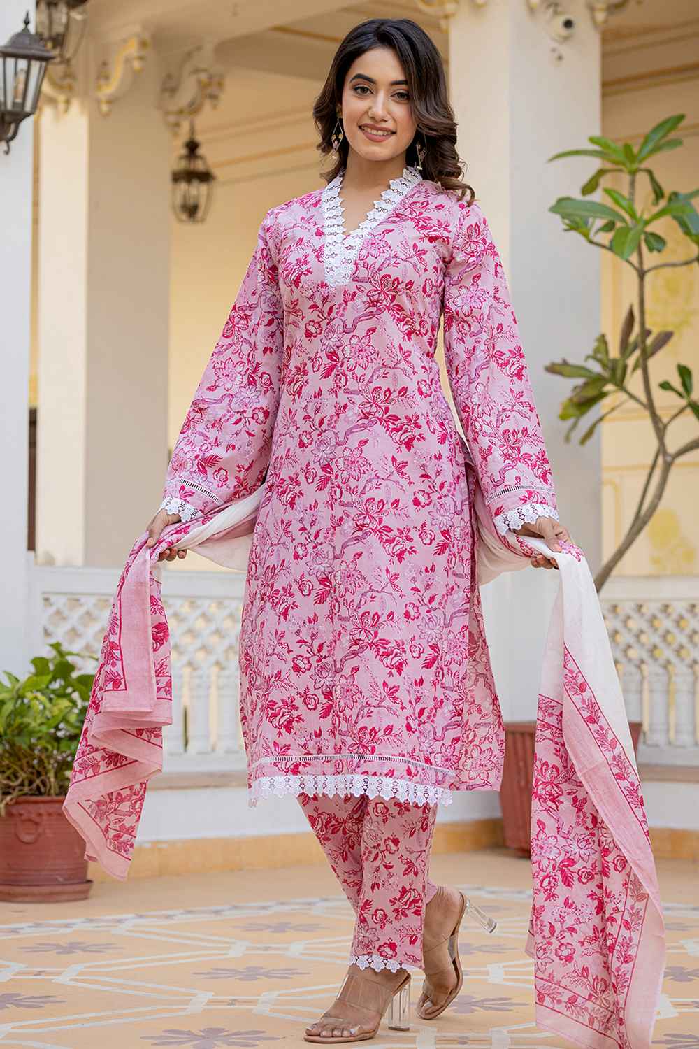 Pink Floral Print Lace Work Pure Cotton Kurti Set