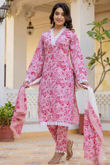 Pink Floral Print Lace Work Pure Cotton Kurta Set