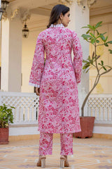 Pink Floral Print Lace Work Pure Cotton Kurta Set