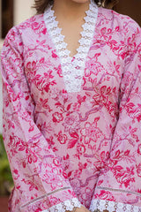 Pink Floral Print Lace Work Pure Cotton Kurti Set