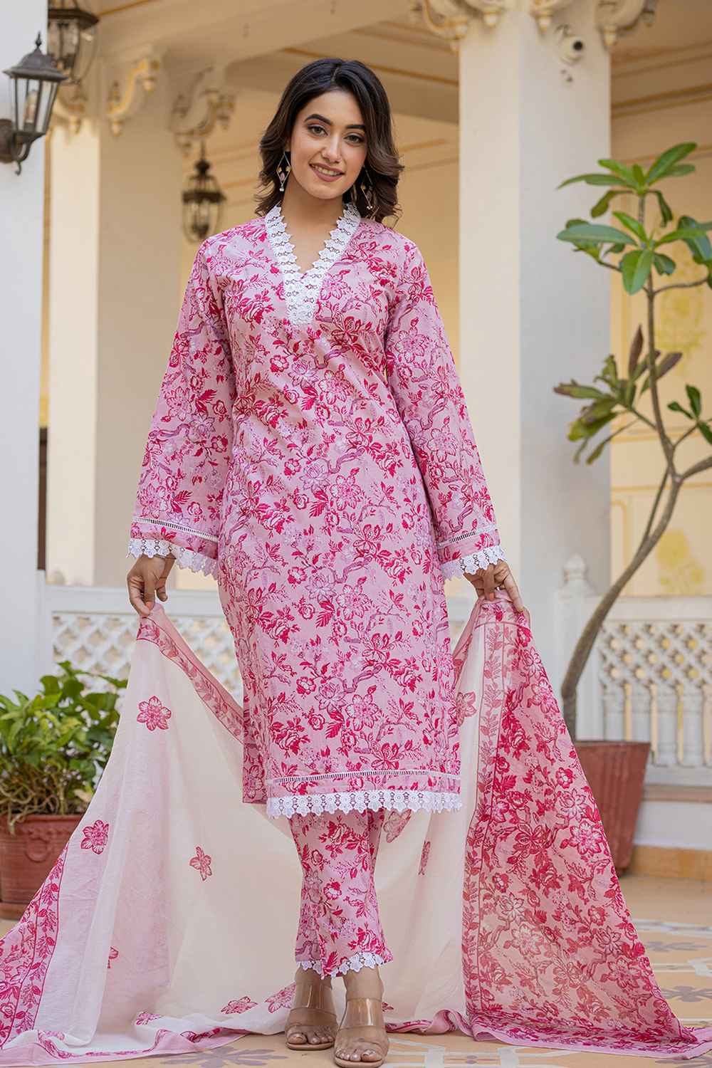 Pink Floral Print Lace Work Pure Cotton Kurti Set