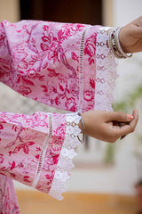 Pink Floral Print Lace Work Pure Cotton Kurti Set