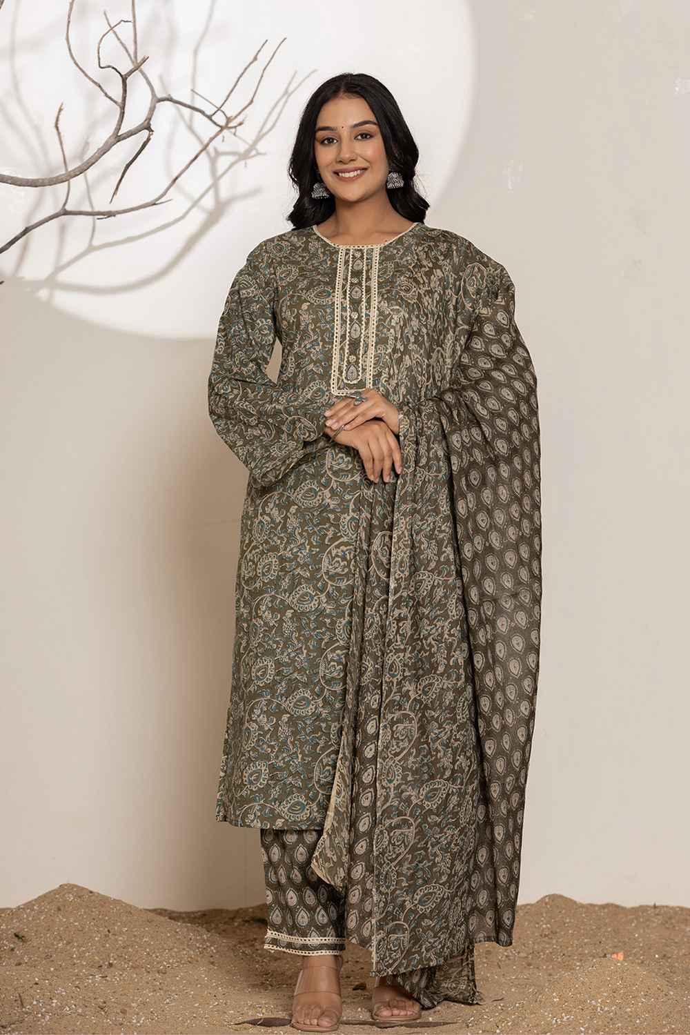 Green Floral Print Lace Work Pure Cotton Kurta Set