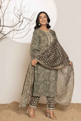 Green Floral Print Lace Work Pure Cotton Kurta Set