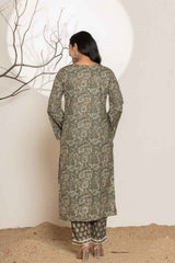 Green Floral Print Lace Work Pure Cotton Kurta Set