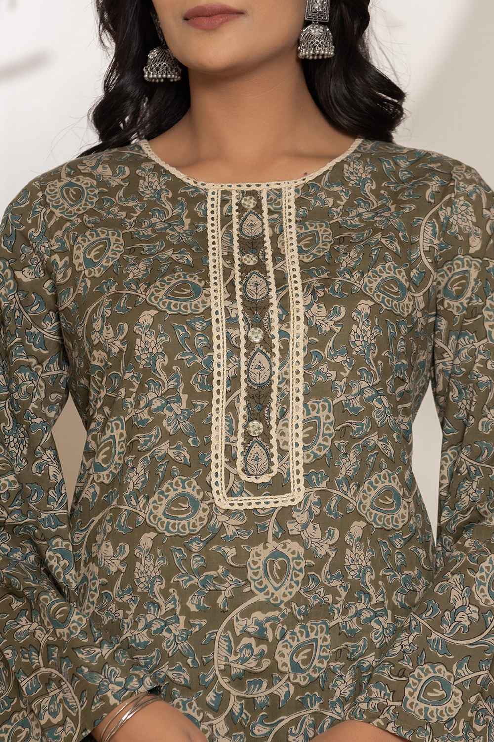 Green Floral Print Lace Work Pure Cotton Kurta Set