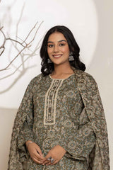 Green Floral Print Lace Work Pure Cotton Kurta Set