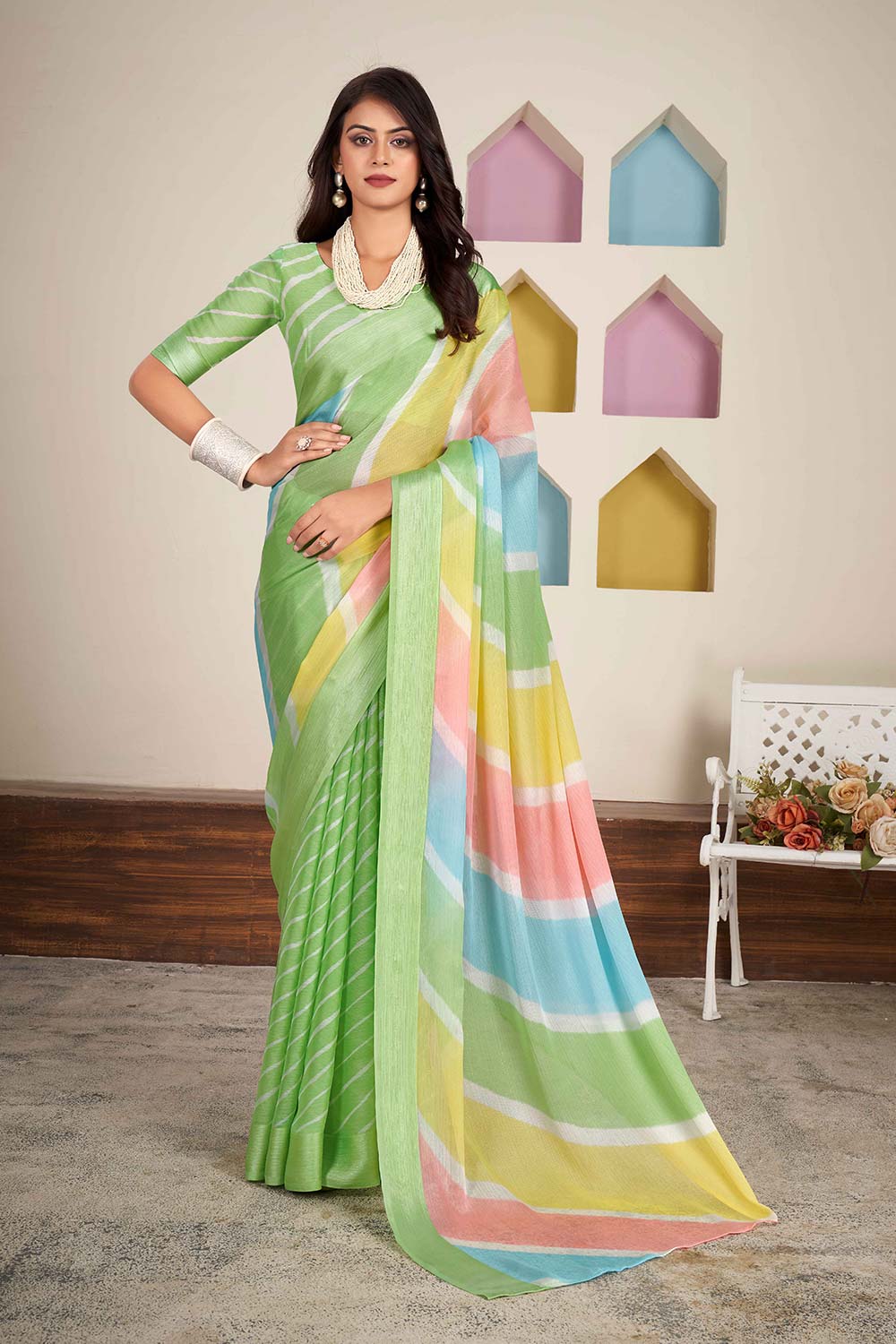 Green Chiffon Woven Saree