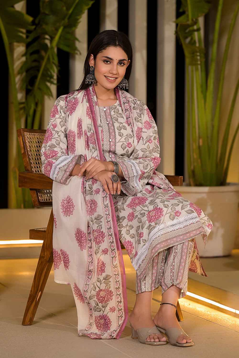 Pink Floral Print Pure Cotton Kurta Set