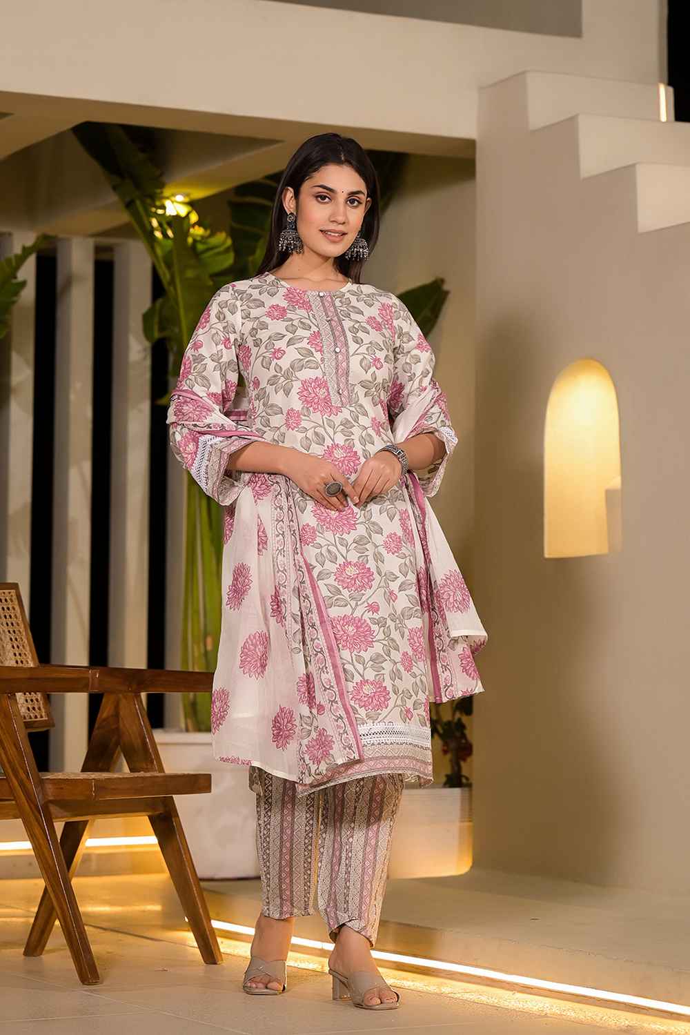 Pink Floral Print Pure Cotton Kurta Set