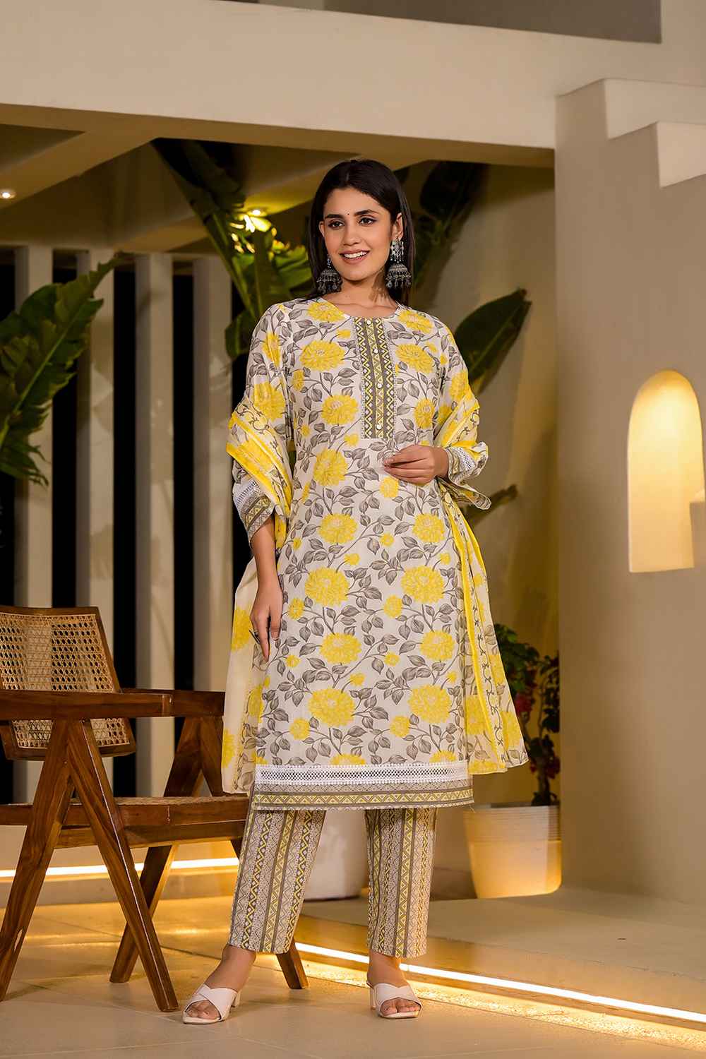 Yellow Floral Print Pure Cotton Kurti Set