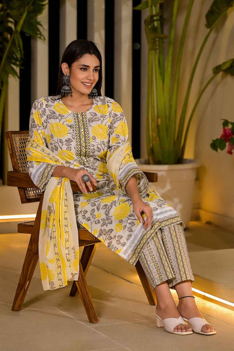 Yellow Floral Print Pure Cotton Kurta Set