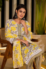 Yellow Floral Print Pure Cotton Kurti Set