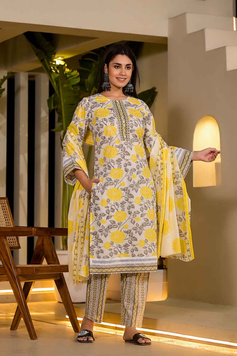 Yellow Floral Print Pure Cotton Kurta Set