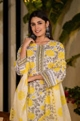 Yellow Floral Print Pure Cotton Kurta Set