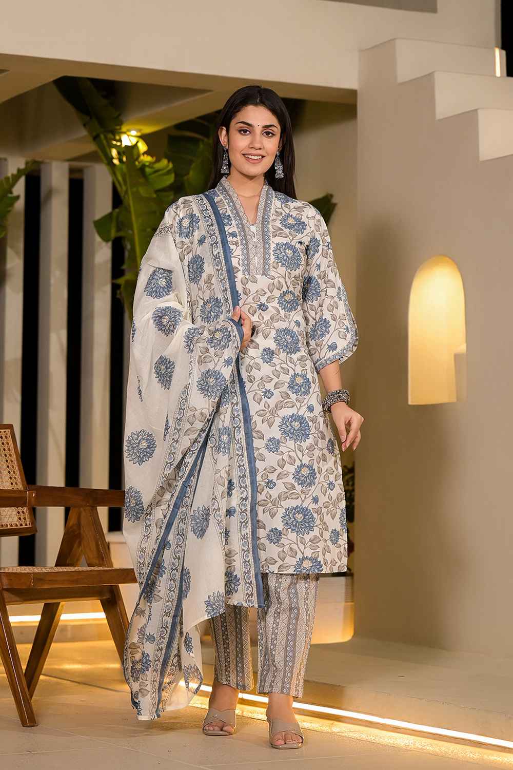 Multi-Color Floral Print Pure Cotton Kurta Set