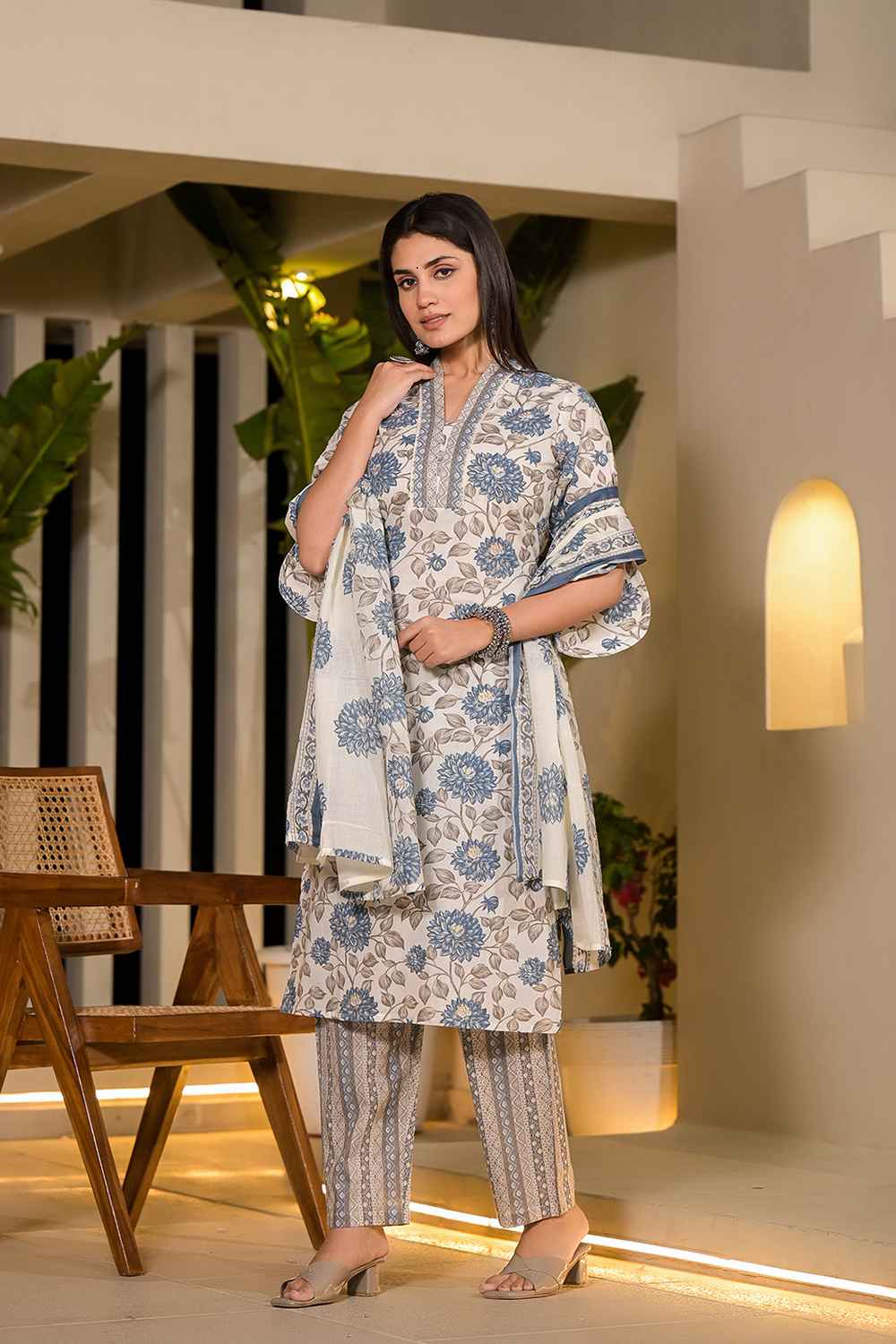 Multi-Color Floral Print Pure Cotton Kurta Set