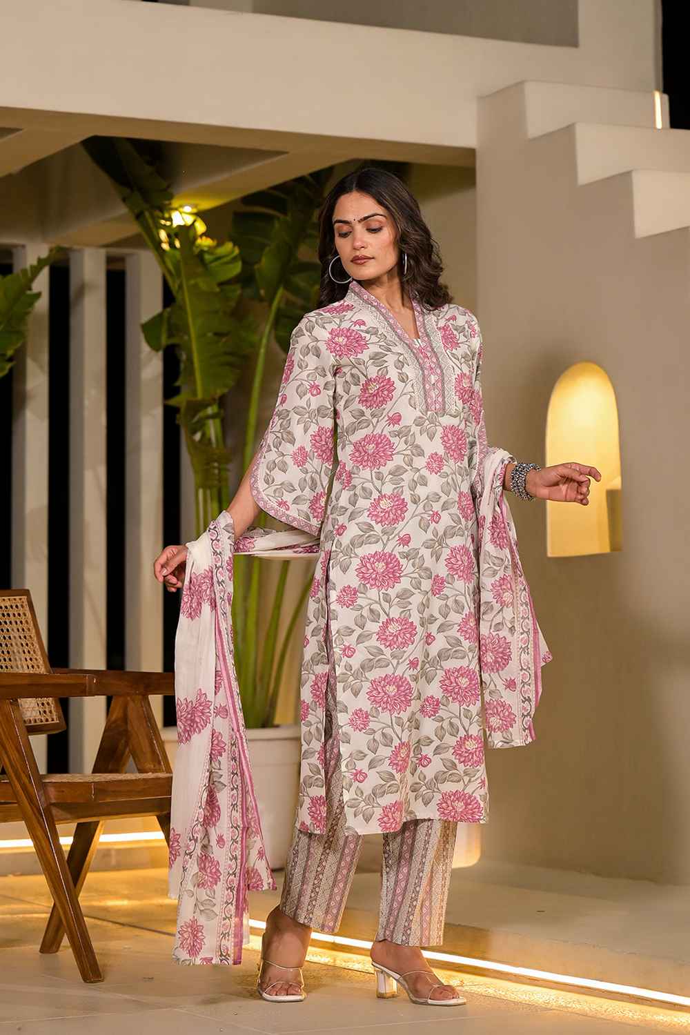 Multi-Color Floral Print Pure Cotton Kurta Set