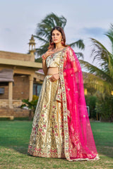 Cream Satin Silk Embroidery Round Neck Lehenga