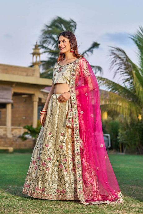 Cream Satin Silk Embroidery Round Neck Lehenga