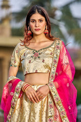 Cream Satin Silk Embroidery Round Neck Lehenga