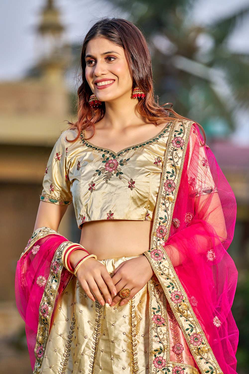 Cream Satin Silk Embroidery Round Neck Lehenga