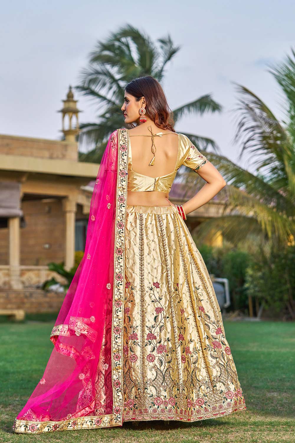 Cream Satin Silk Embroidery Round Neck Lehenga