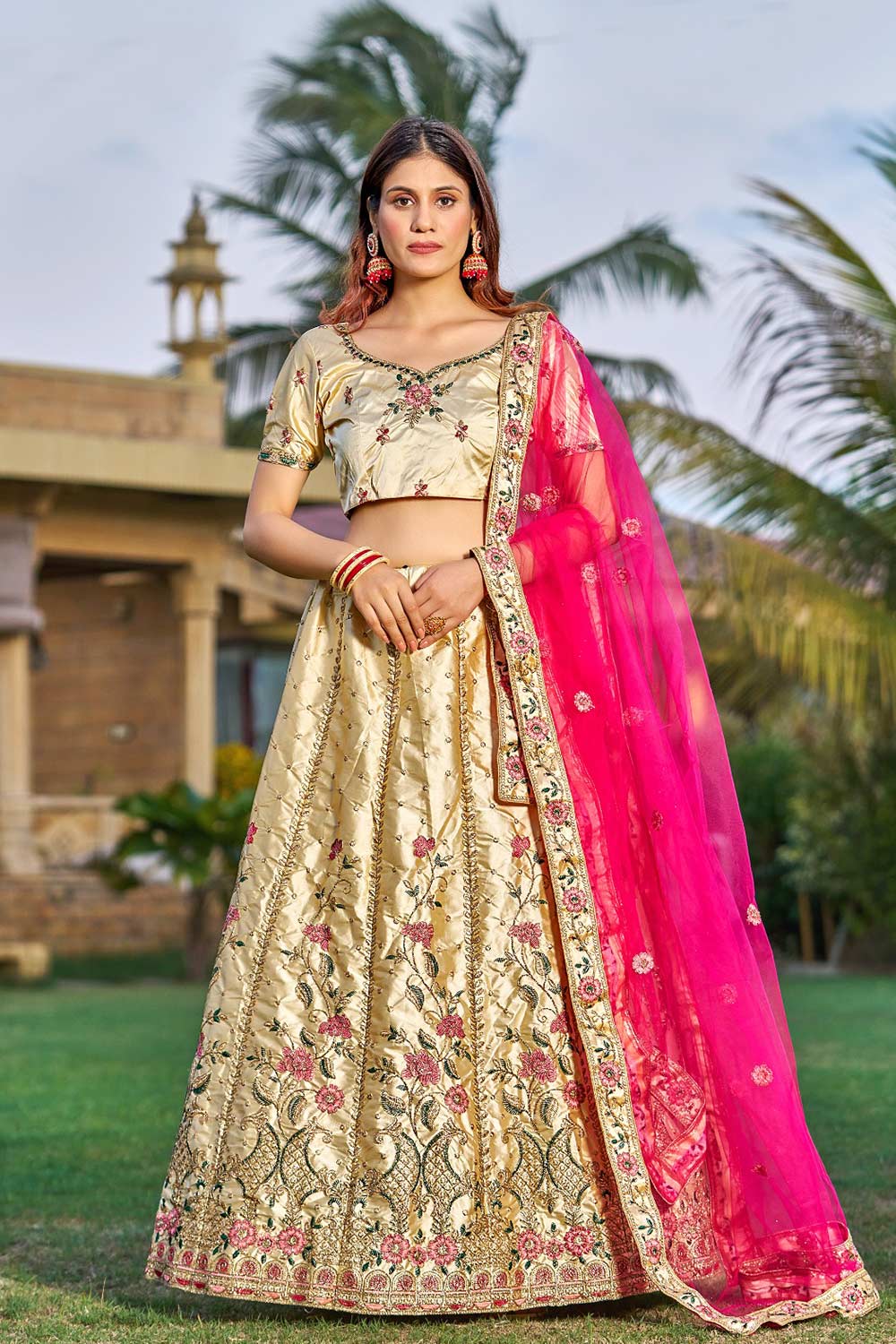 Cream Satin Silk Embroidery Round Neck Lehenga