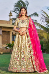 Cream Satin Silk Embroidery Round Neck Lehenga