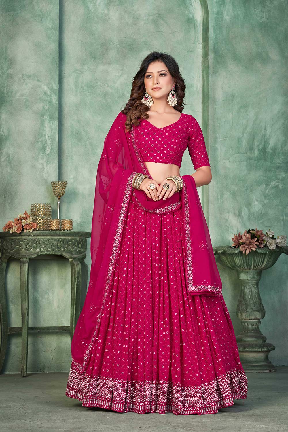 Pink Georgette Embroidery Round Neck Lehenga